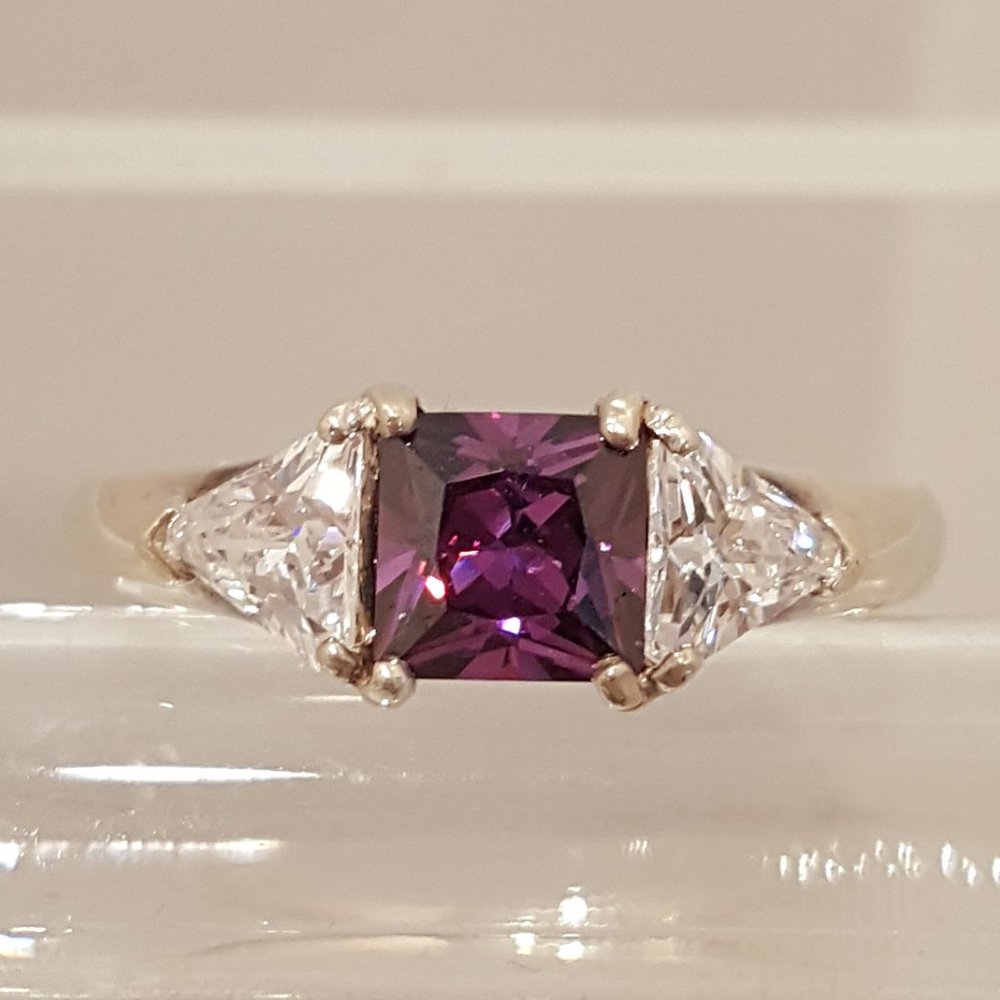 Sterling Silver Amethyst CZ Ring Size 8.5 Square Cut Diamond CZ D Marked